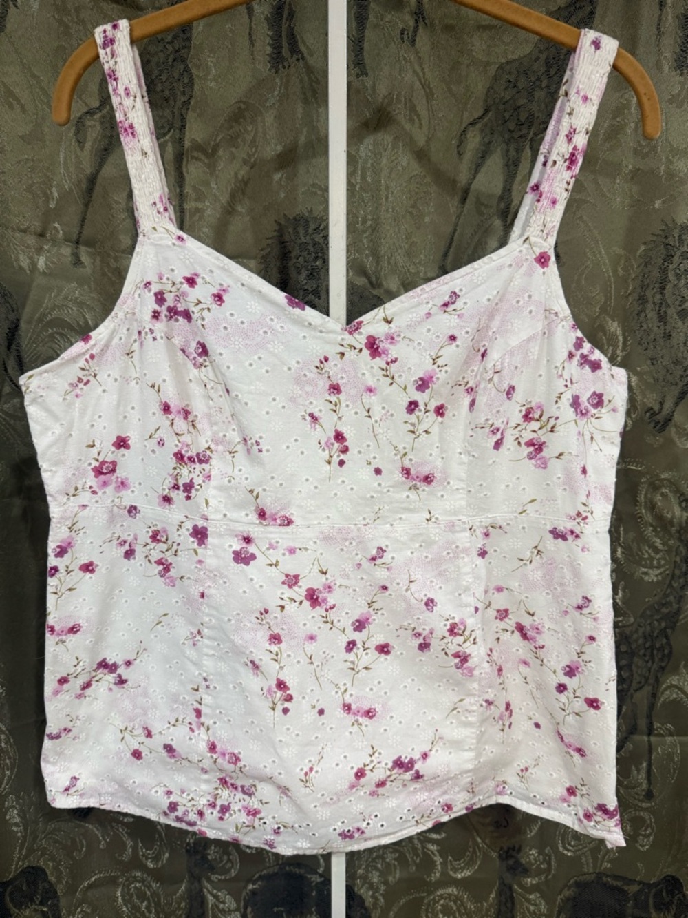 Dress Barn White Eyelet Camisole with Pink Floral Pattern